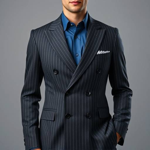 A charcoal grey double-breasted business suit with a slim fit, showcasing wide lapels and a bold pinstripe pattern, worn with a light blue shirt.