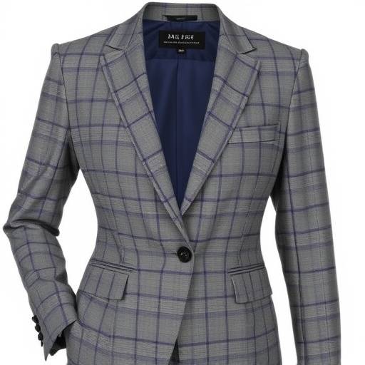 A subtle plaid business suit in shades of grey and blue, a modern single-breasted cut with a flattering silhouette.