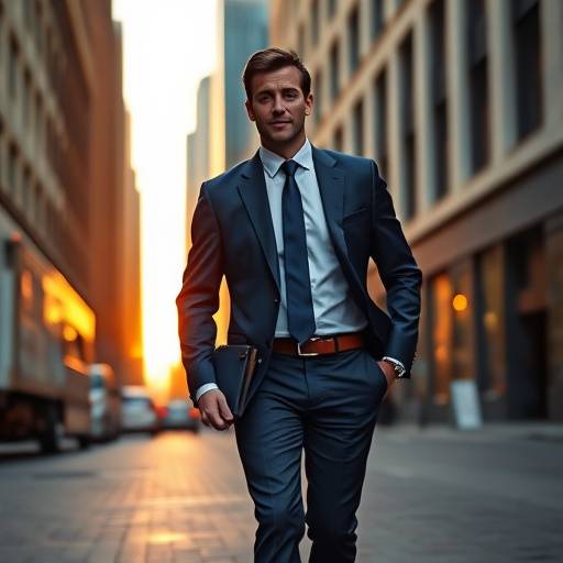 A well-dressed businessman confidently walking down a city street, wearing a perfectly fitted navy blue suit.